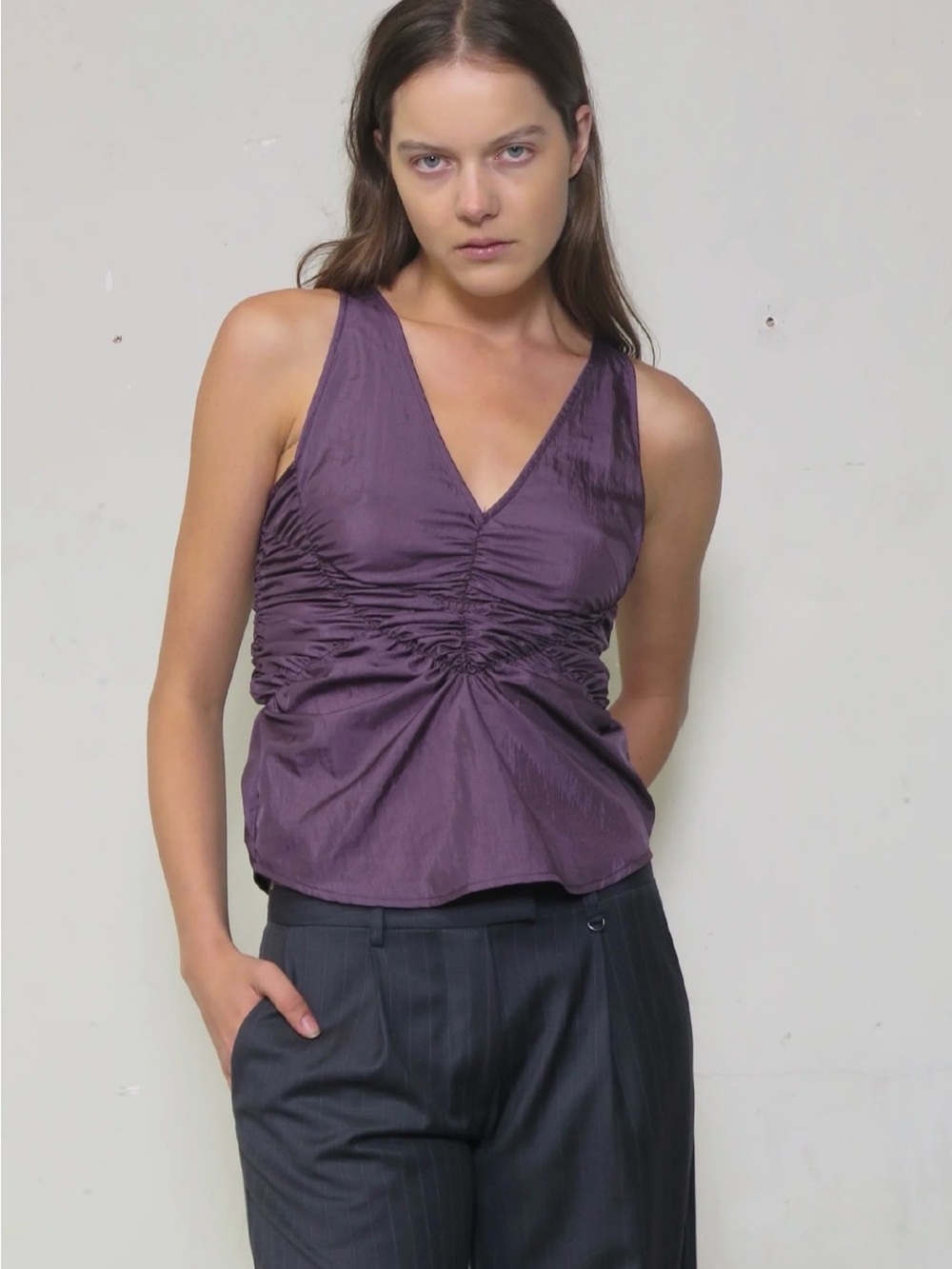 Purple V-Neck Ruched Nylon Tank Top - Women's Blouse